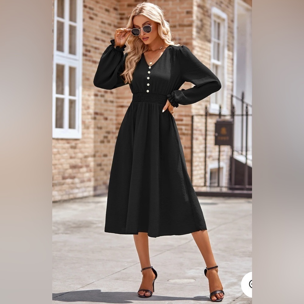 Black Smocked Waist Button Front Long Puff Sleeve Midi Dress NEW